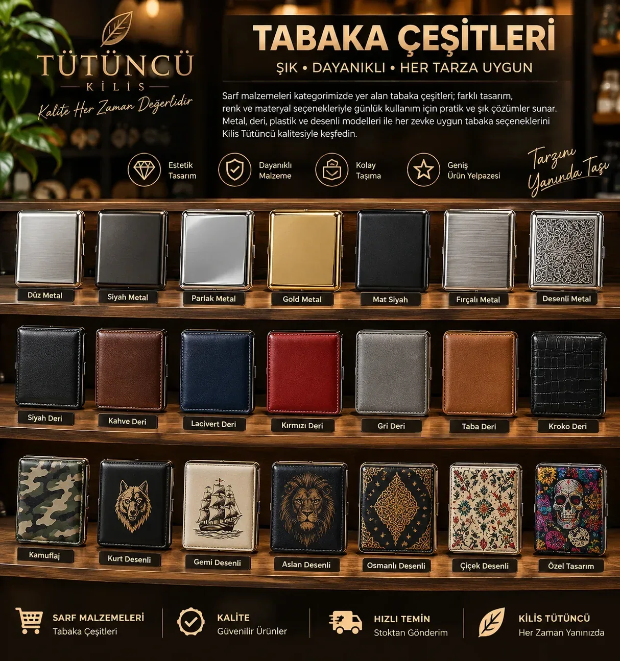 Farklı renk ve modellerde tabaka çeşitleri ürün görünümü