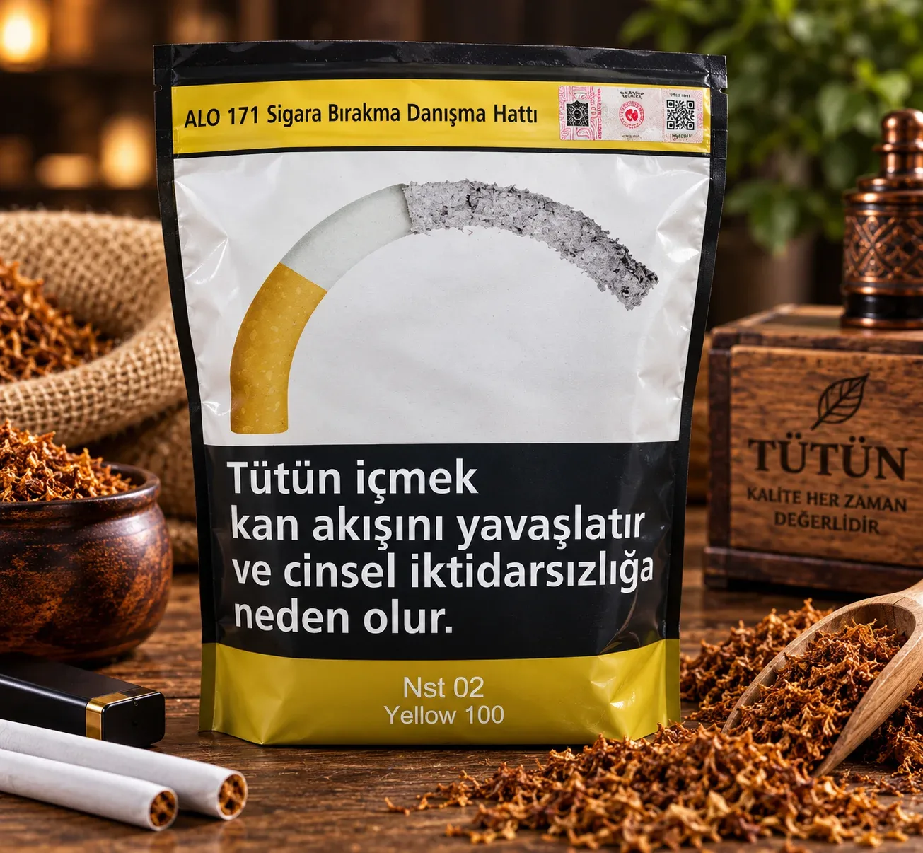 NST 02 Yellow 100 Tekel Tütünü paket görünümü